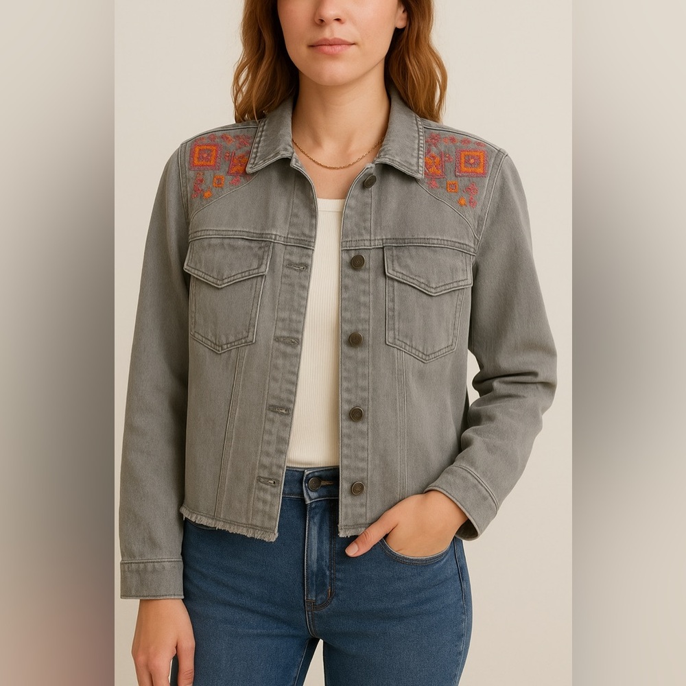 Billy T | Daydreaming Embroidered Denim Jacket In Gray - Boho Chic - NWT
